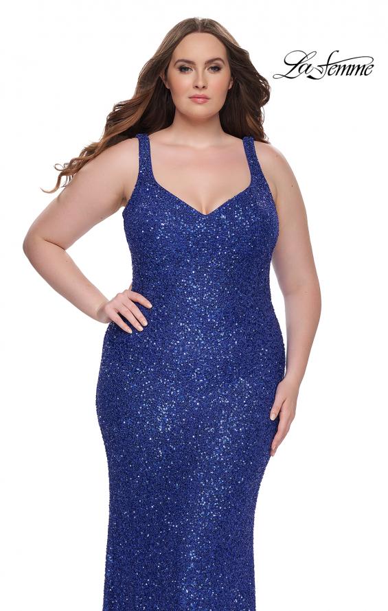 Picture of: Fitted Stretch Sequin Plus Size Dress with V Neck in Royal Blue, Style: 31163, Detail Picture 11