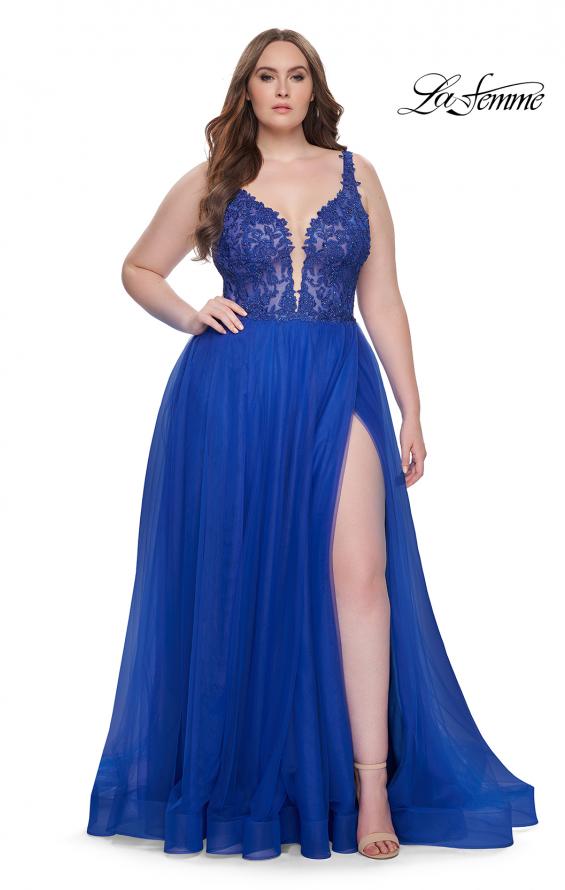Picture of: Deep V Plus Size Tulle Dress with Lace Illusion Bodice in Royal Blue, Style: 31394, Detail Picture 11
