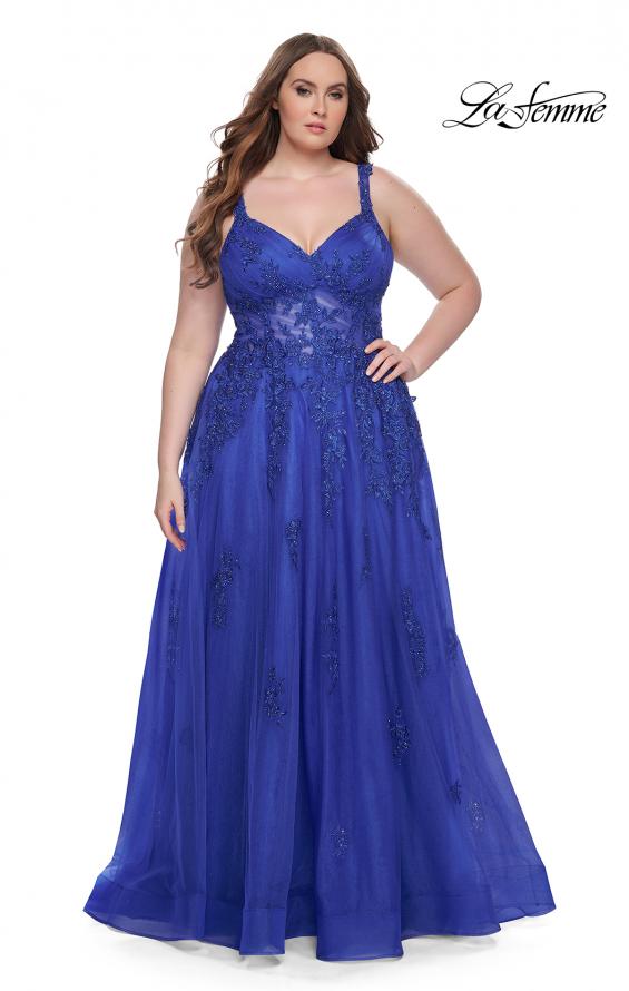 Picture of: Lace Embellished Tulle A-Line Dress with Illusion Back in Royal Blue, Style: 31383, Detail Picture 12