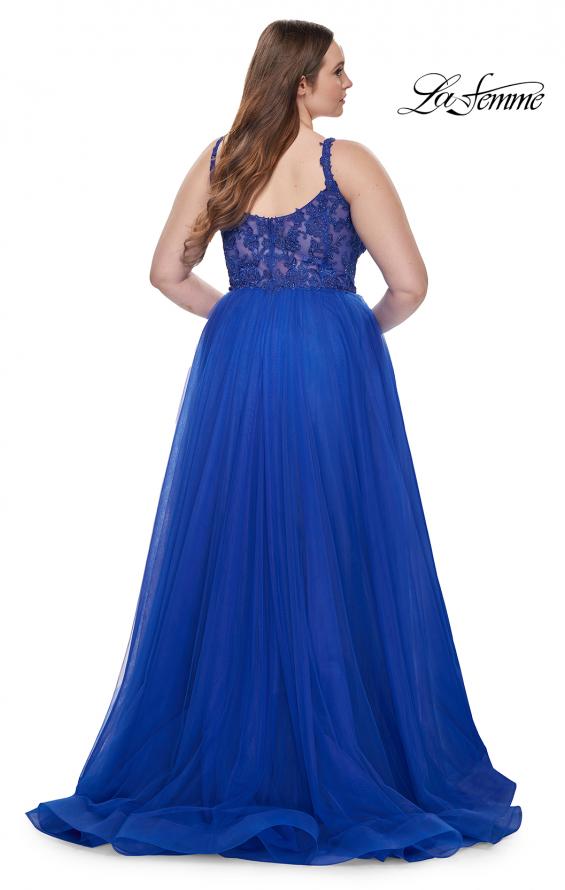 Picture of: Deep V Plus Size Tulle Dress with Lace Illusion Bodice in Royal Blue, Style: 31394, Detail Picture 12