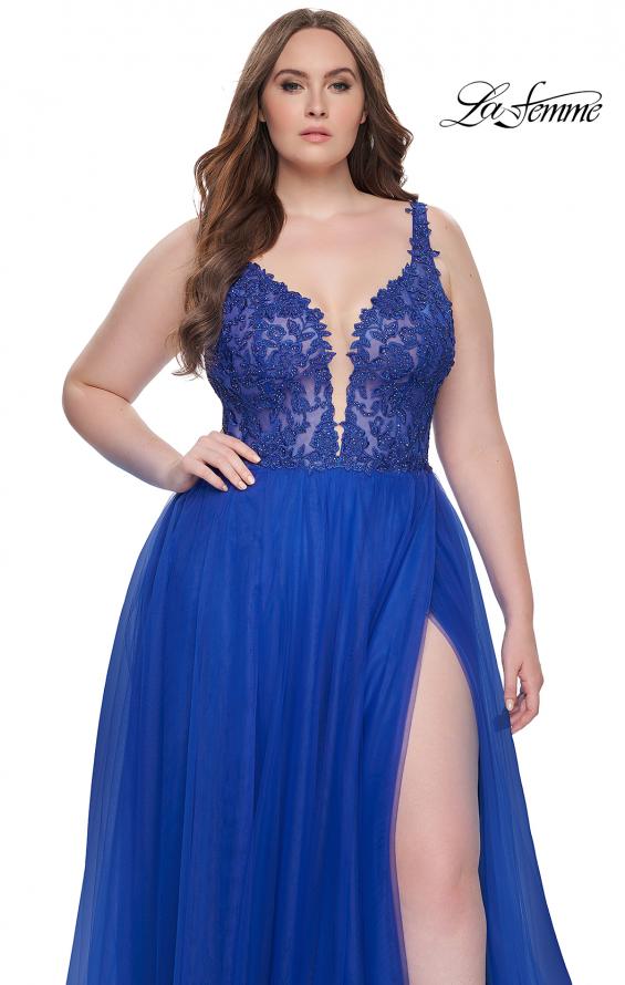 Picture of: Deep V Plus Size Tulle Dress with Lace Illusion Bodice in Royal Blue, Style: 31394, Detail Picture 13