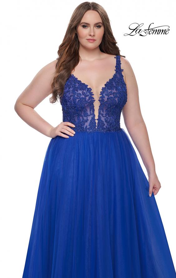 Picture of: Deep V Plus Size Tulle Dress with Lace Illusion Bodice in Royal Blue, Style: 31394, Detail Picture 14