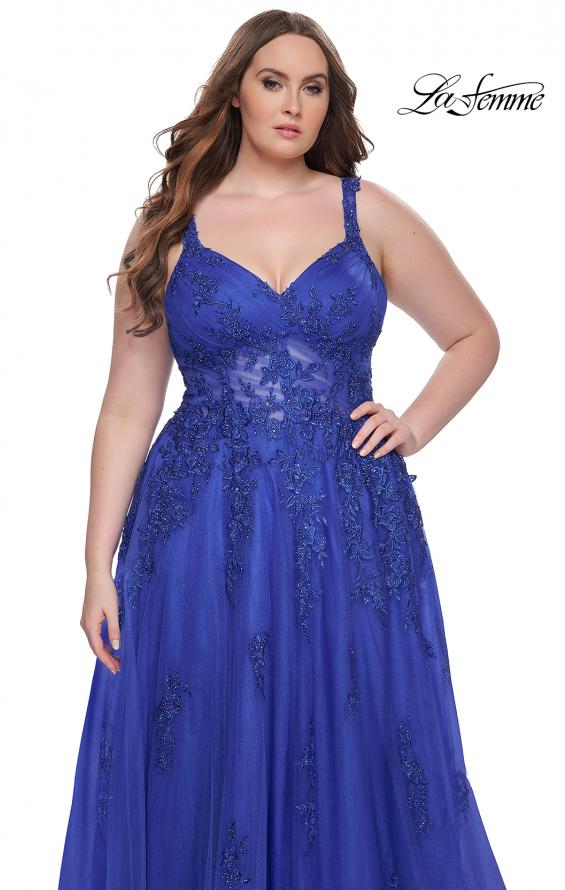 Picture of: Lace Embellished Tulle A-Line Dress with Illusion Back in Royal Blue, Style: 31383, Detail Picture 15