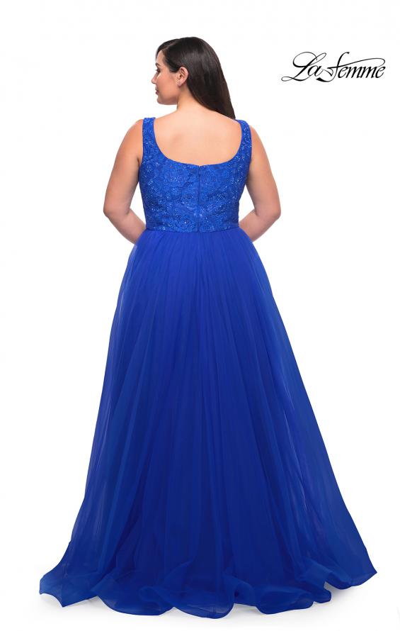 Picture of: A-line Tulle and Lace Plus Size Gown with Slit in Royal Blue, Style: 29070, Back Picture