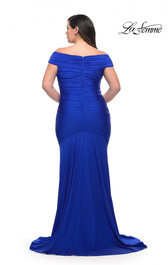 Picture of: Off the Shoulder Ruched Plus Size Gown with Train in Royal Blue, Style: 29132, Back Picture