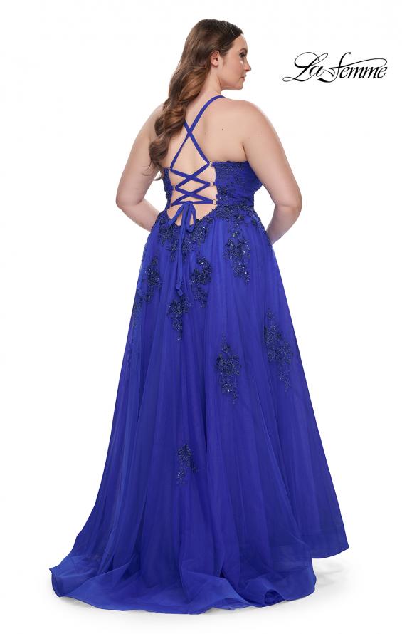 Picture of: A-Line Tulle Plus Dress with Lace Applique and Tie Back in Royal Blue, Style: 31378, Back Picture