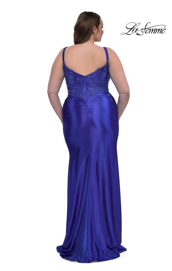 Picture of: Stretch Satin Plus Dress with Beautiful Rhinestone Designed Bodice in Royal Blue, Style: 32430, Back Picture