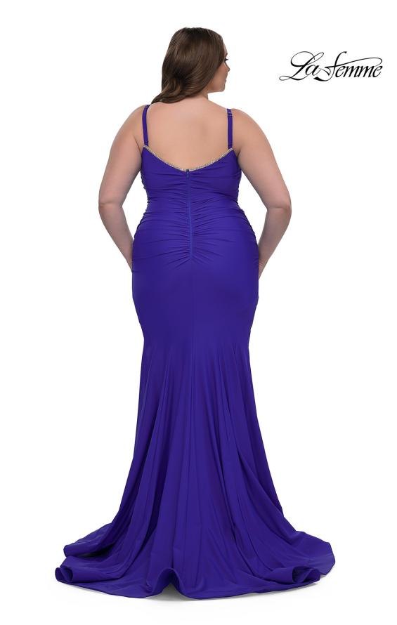 Picture of: Chic Plus Size Dress with Ruching and Rhinestone Neckline Detail in Royal Blue, Style: 33057, Back Picture