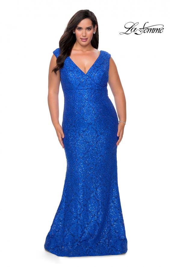 Picture of: Curvy Stretch Lace Dress with V-Neck and Rhinestones in Royal Blue, Style: 28837, Detail Picture 1