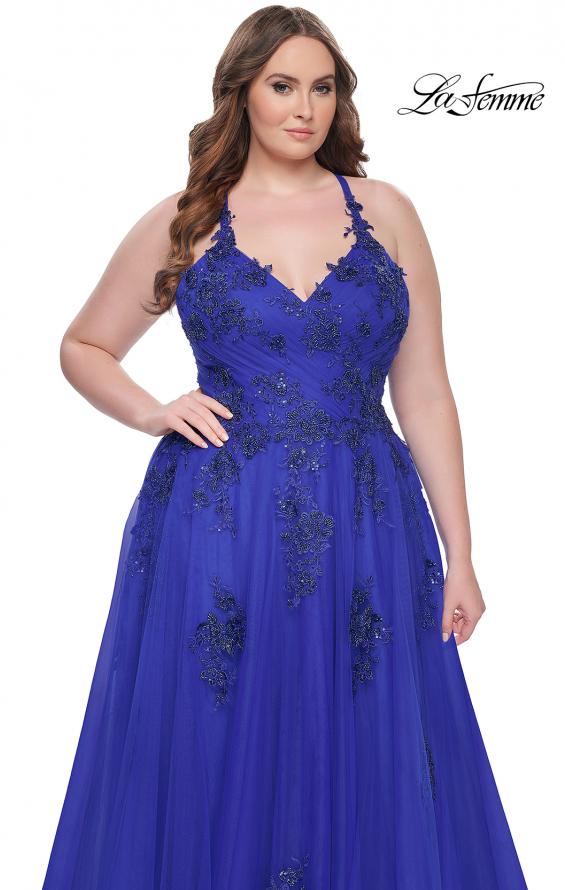 Picture of: A-Line Tulle Plus Dress with Lace Applique and Tie Back in Royal Blue, Style: 31378, Detail Picture 1