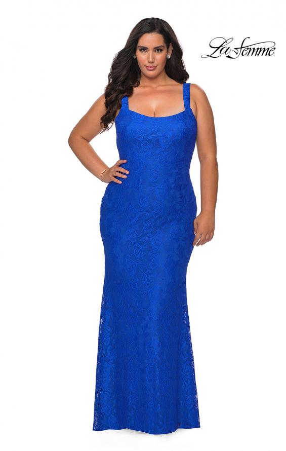 Picture of: Fitted Stretch Lace Plus Size Dress with Rhinestones in Royal Blue, Style: 29035, Detail Picture 2