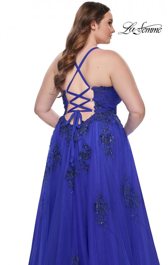 Picture of: A-Line Tulle Plus Dress with Lace Applique and Tie Back in Royal Blue, Style: 31378, Detail Picture 2