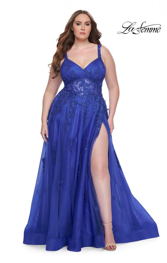 Picture of: Lace Embellished Tulle A-Line Dress with Illusion Back in Royal Blue, Style: 31383, Detail Picture 2