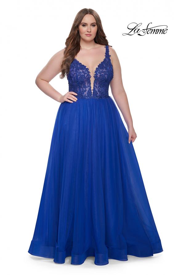 Picture of: Deep V Plus Size Tulle Dress with Lace Illusion Bodice in Royal Blue, Style: 31394, Detail Picture 2