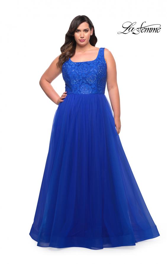 Picture of: A-line Tulle and Lace Plus Size Gown with Slit in Royal Blue, Style: 29070, Detail Picture 3