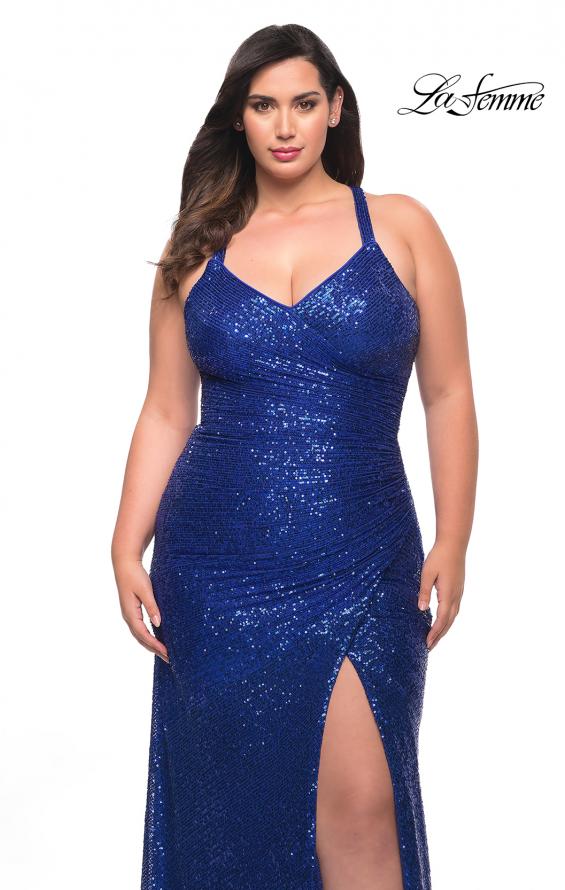 Picture of: Sequin Long Plus Gown with V Neck and Slit in Royal Blue, Style: 29579, Detail Picture 3