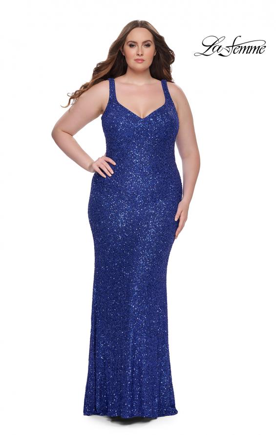 Picture of: Fitted Stretch Sequin Plus Size Dress with V Neck in Royal Blue, Style: 31163, Detail Picture 3