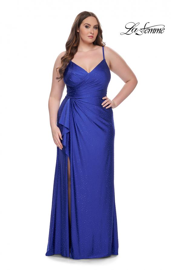 Picture of: Rhinestone Embellished Jersey Dress with Lace Illusion Back in Royal Blue, Style: 31309, Detail Picture 3
