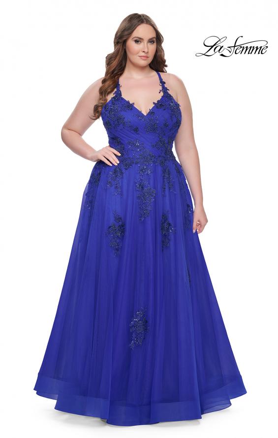 Picture of: A-Line Tulle Plus Dress with Lace Applique and Tie Back in Royal Blue, Style: 31378, Detail Picture 3