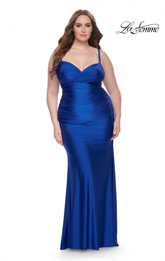 Picture of: Ruched Jersey Plus Size Dress with Lace Up Back in Royal Blue, Style: 31632, Detail Picture 3