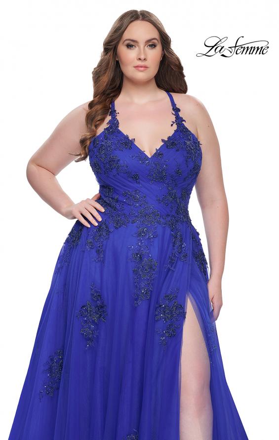 Picture of: A-Line Tulle Plus Dress with Lace Applique and Tie Back in Royal Blue, Style: 31378, Detail Picture 4