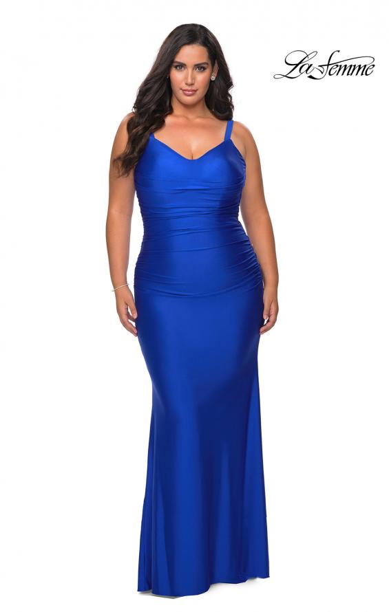 Picture of: Long Ruched Plus Size Jersey Prom Dress in Royal Blue, Style: 29005, Detail Picture 5