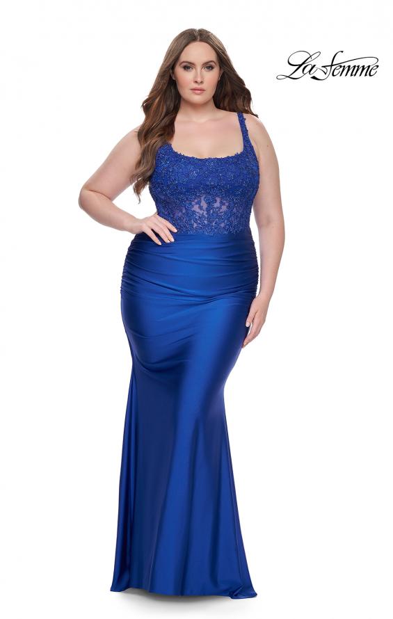 Picture of: Ruched Jersey Plus Dress with Illusion Lace Bodice and Tie Back in Royal Blue, Style: 31273, Detail Picture 5