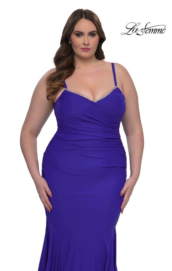 Picture of: Chic Plus Size Dress with Ruching and Rhinestone Neckline Detail in Royal Blue, Style: 33057, Detail Picture 6