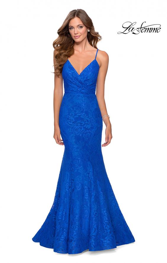 Picture of: Mermaid Lace Prom Dress with Faux Wrap Top in Royal Blue, Style: 28564, Main Picture