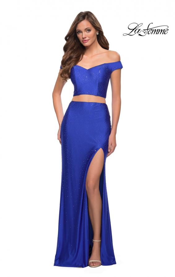 Picture of: Rhinestone Off the Shoulder Jersey Two Piece Prom Dress in Royal Blue, Style 29951, Main Picture
