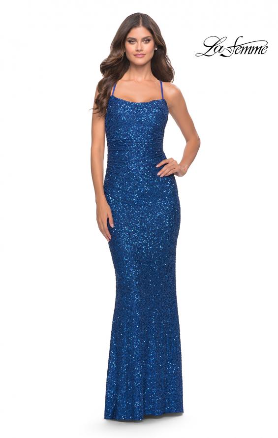 Picture of: Chic Soft Sequin Stretch Dress with Open Back in Jewel Tones in Royal Blue, Style: 31027, Main Picture