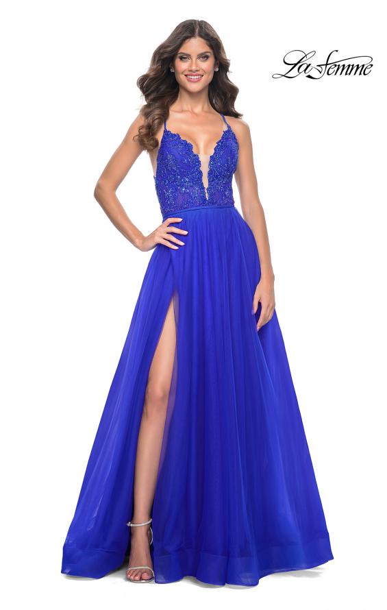 Picture of: Illusion Lace Bodice A-Line Tulle Prom Dress with Slit in Royal Blue, Style: 32059, Main Picture