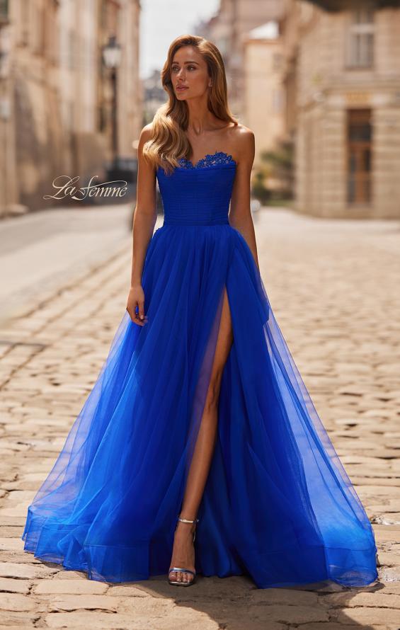 Picture of: Strapless Lace Corset Tulle Gown with Slit in Royal Blue, Style: 33363, Main Picture