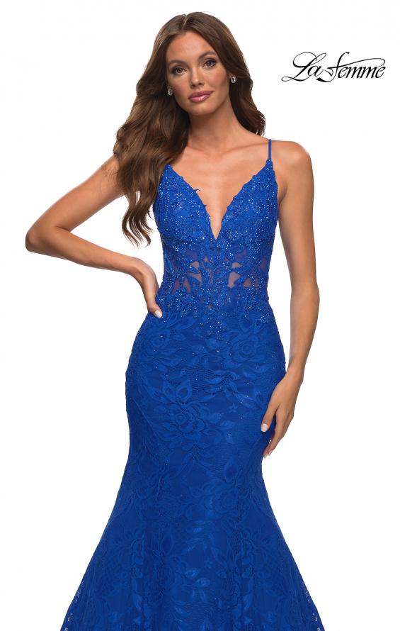 Picture of: Mermaid Lace Prom Dress with Sheer Jeweled Bodice in Royal Blue, Detail Picture 8