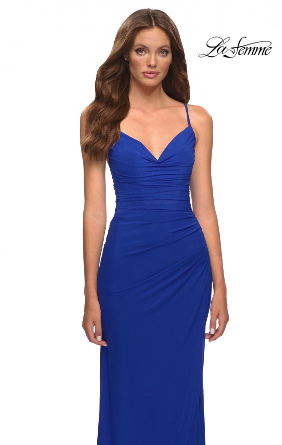 Picture of: Chic Long Net Jersey Dress with Lace Up Back in Blue, Style: 30418, Detail Picture 8