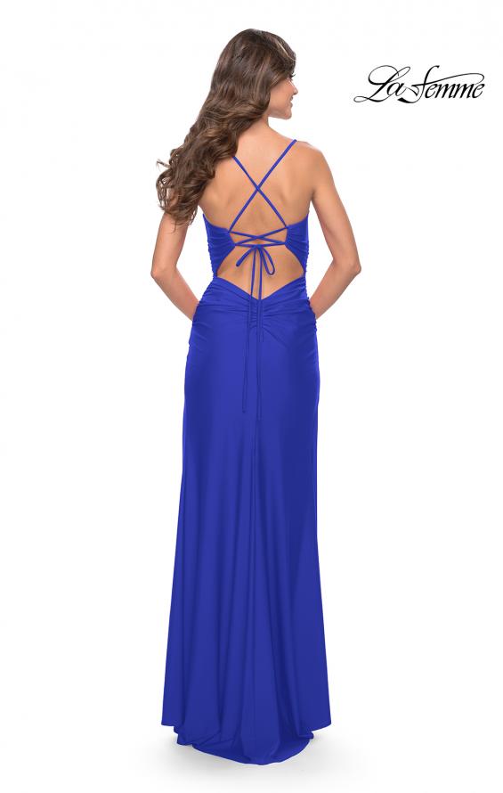 Picture of: Ruched Deep V Dress with Trendy High Slit in Royal Blue, Style: 31127, Style: 31127