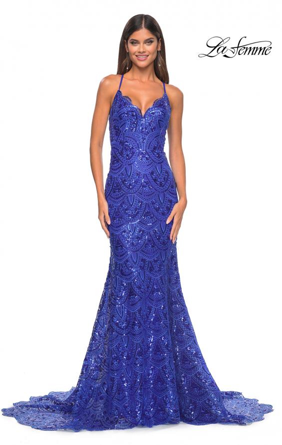 Picture of: Print Sequin Mermaid Dress with Lace Up Back in Royal Blue, Style: 31865, Detail Picture 8