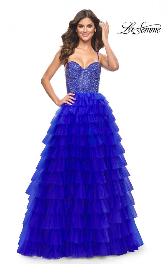Picture of: Tiered Ruffle Tulle Prom Dress with Rhinestone Embellished Bodice in Royal Blue, Style: 32002, Detail Picture 8