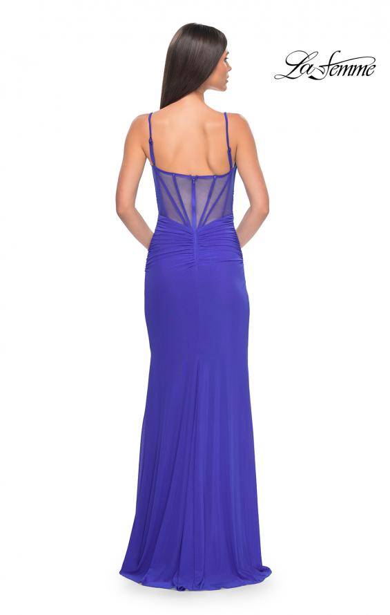 Picture of: Net Jersey Ruched Fitted Dress with Illusion and Boning on Back in Royal Blue, Style: 32160, Detail Picture 8