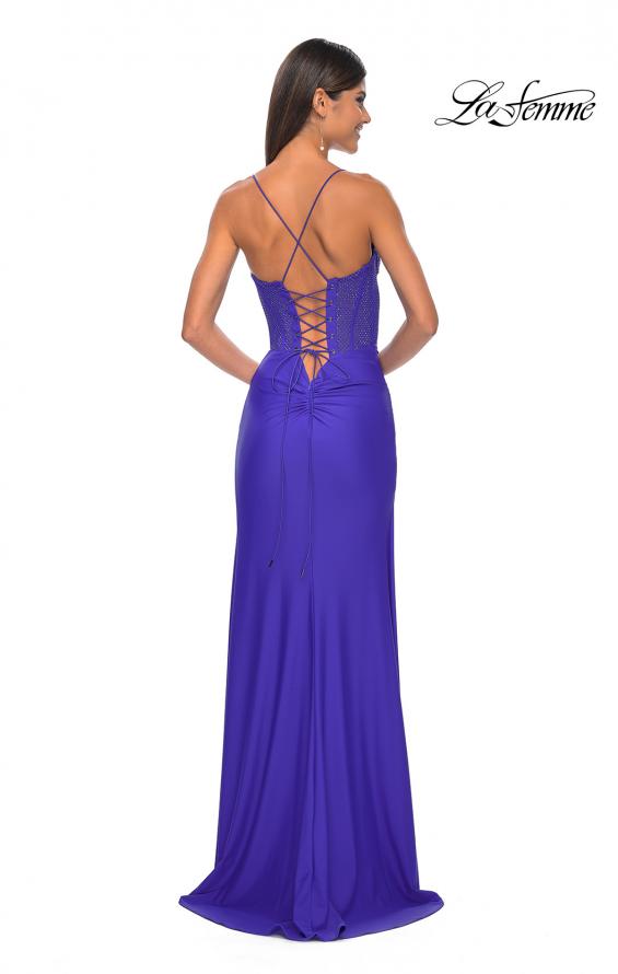 Picture of: Fitted Jersey Dress with Fishnet Rhinestone Illusion Bustier Top in Royal Blue, Style: 32230, Detail Picture 8