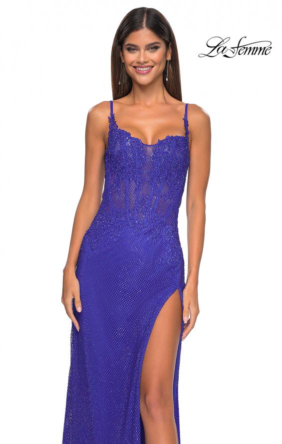 Picture of: Rhinestone Embellished Fishnet Dress with Lace Details in Royal Blue, Style: 32409, Detail Picture 8