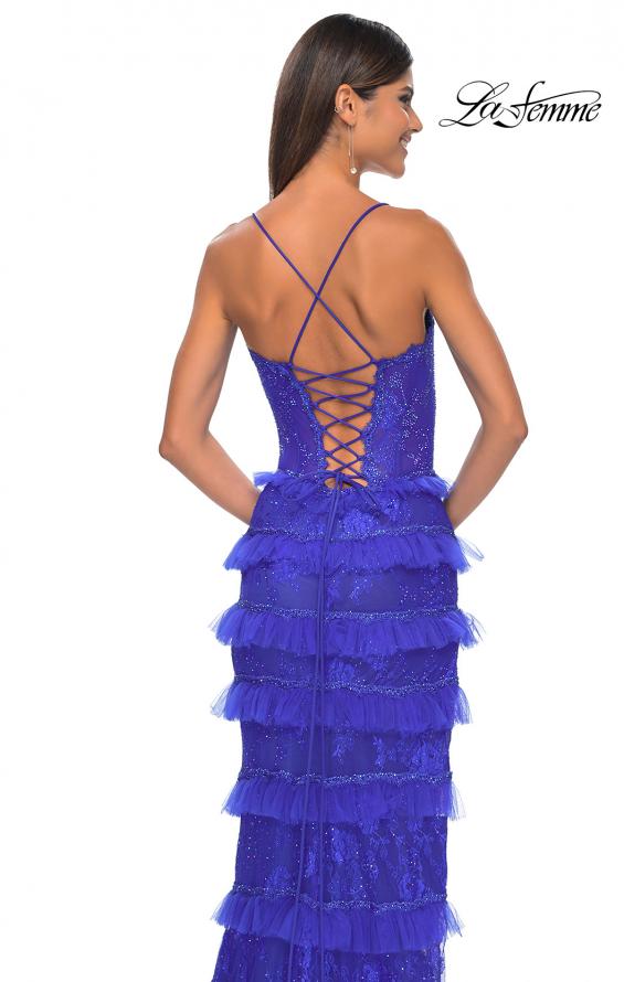 Picture of: Fitted Ruffle Skirt Lace Dress with Illusion Bodice in Royal Blue, Style: 32442, Detail Picture 8