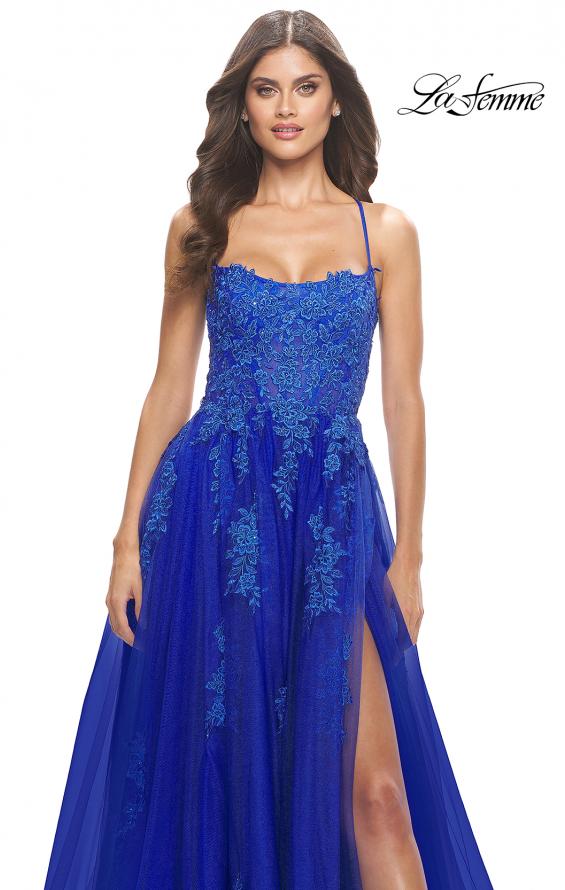 Picture of: A-line Tulle Gown with Floral Embroidery and Pockets in Royal Blue, Style: 31135, Detail Picture 9