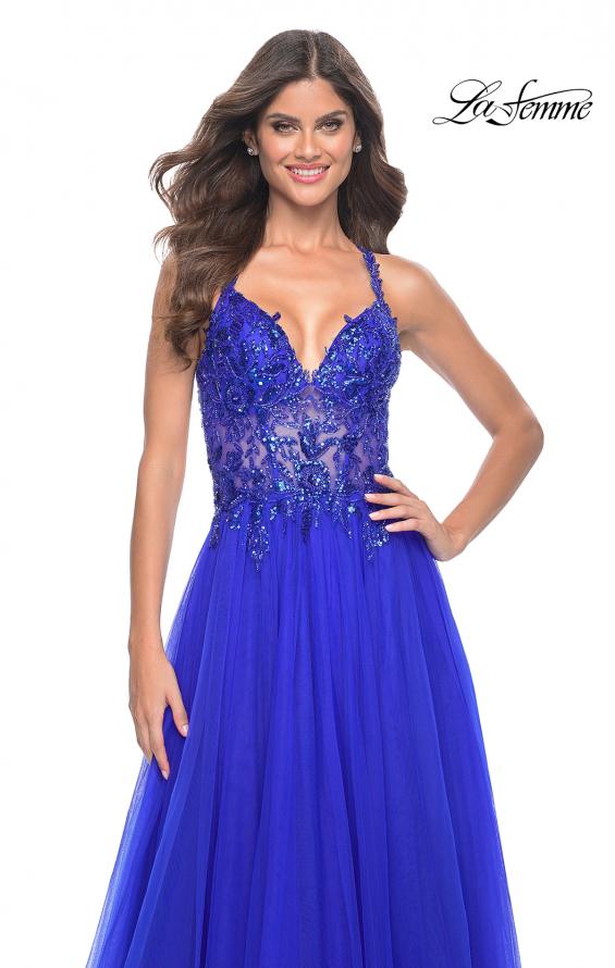 Picture of: Tulle A-Line Gown with Sheer and Beaded Lace Detail in Royal Blue, Style: 31471, Detail Picture 9