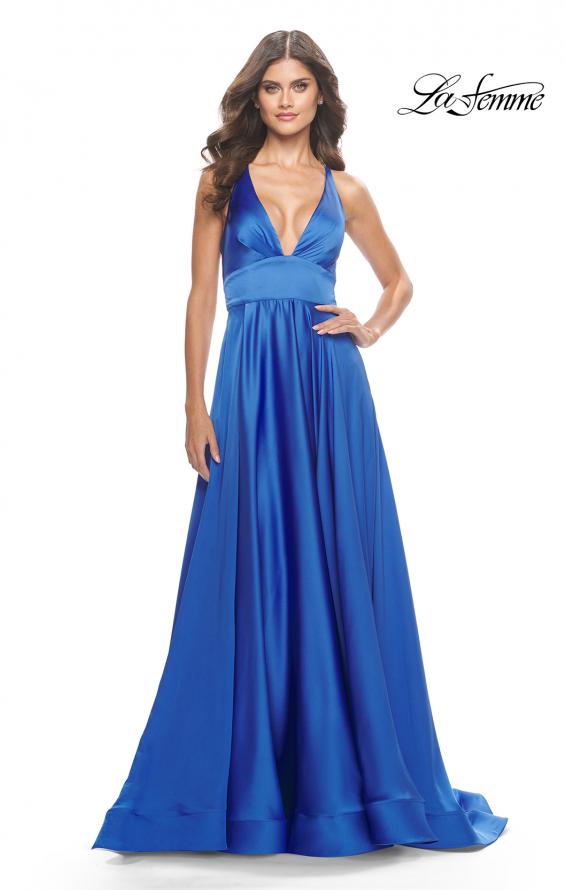 Picture of: A-Line Satin Gown with Deep V and Slit in Royal Blue, Style: 31533, Detail Picture 9