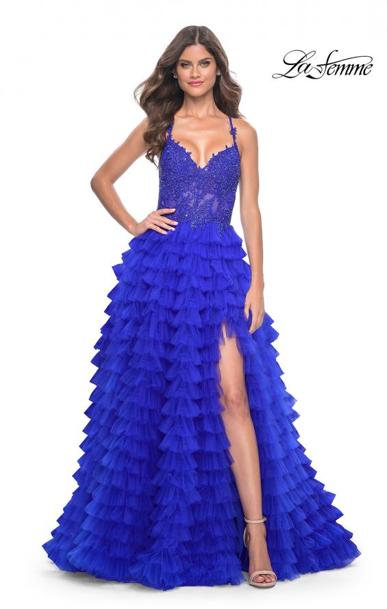 Picture of: Ruffle Tulle Prom Gown with Illusion Lace Bodice and High Slit in Royal Blue, Style: 32128, Detail Picture 9