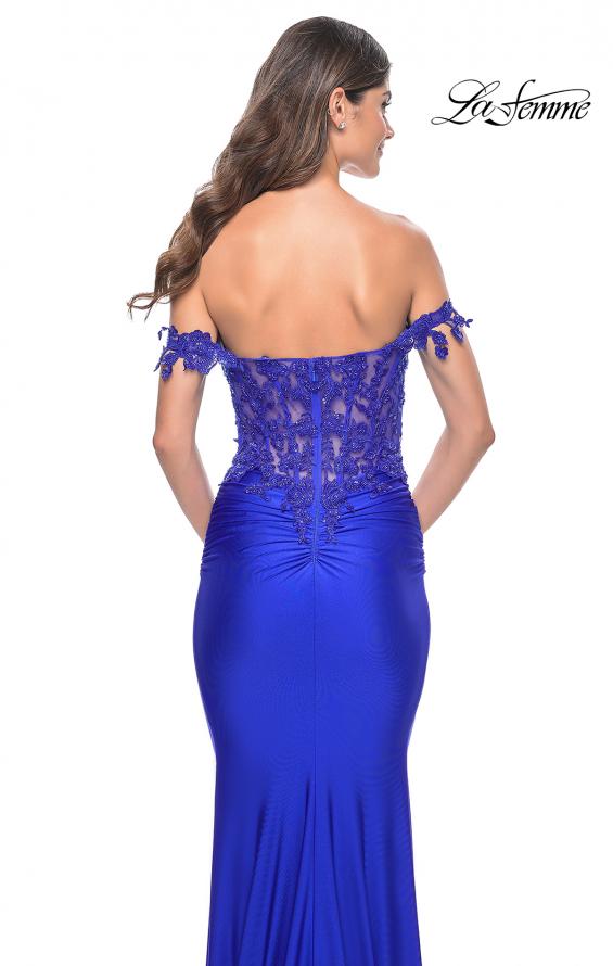 Picture of: Sheer Lace Bodice with Off the Shoulder Straps and Jersey Skirt Gown in Royal Blue, Style: 32302, Detail Picture 9