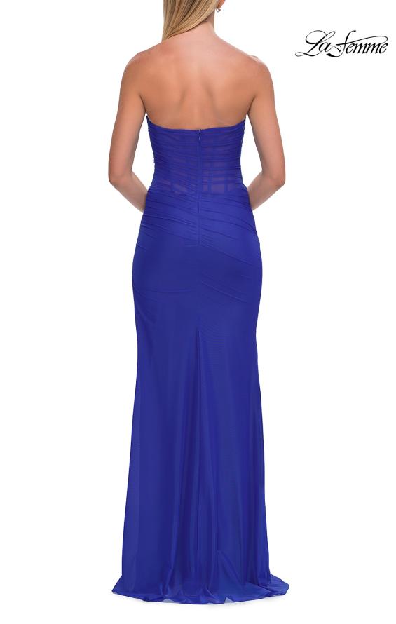 Blue Picture of: Strapless Net Jersey Gown with Corset Bodice and High Slit in Royal Blue, Style: 33445, Detail Picture 9