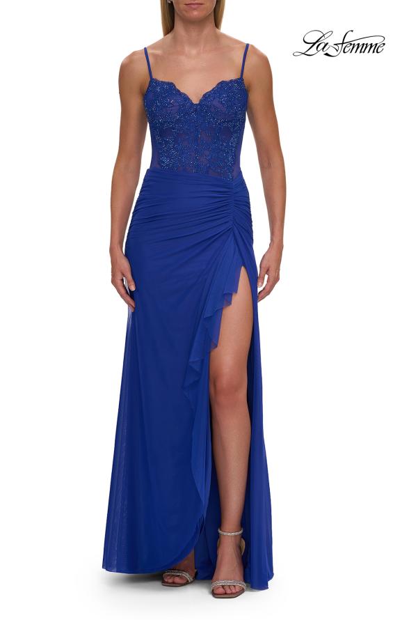 Picture of: Lace Bodice Gown with Ruched Skirt and High Slit in Royal Blue, Style: 33661, Detail Picture 9