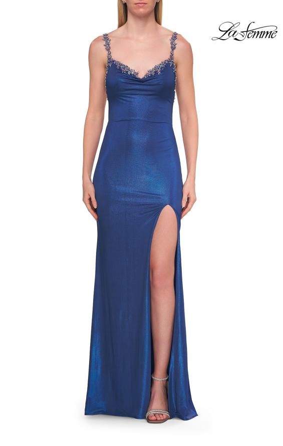 Picture of: Metallic Jersey Gown with Beaded Straps and Lace-Up Back in Royal Blue, Style: 33664, Detail Picture 9
